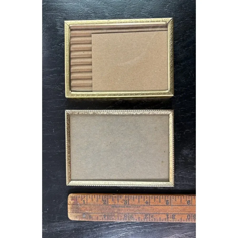 Vtg Set of 2 Rectangle Mini Picture Frames Gold Metal Trim Glass backing Classic